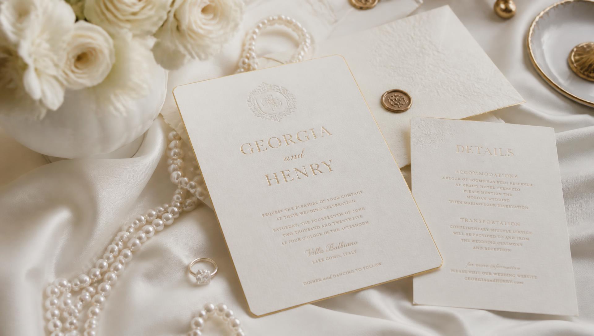 Ivory letterpress invitation suite with gold foil, pearls and white roses on silk
